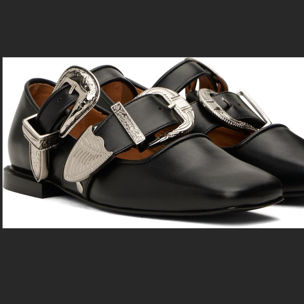 TOGA Pulla Black Leather Flats with Silver Buckles